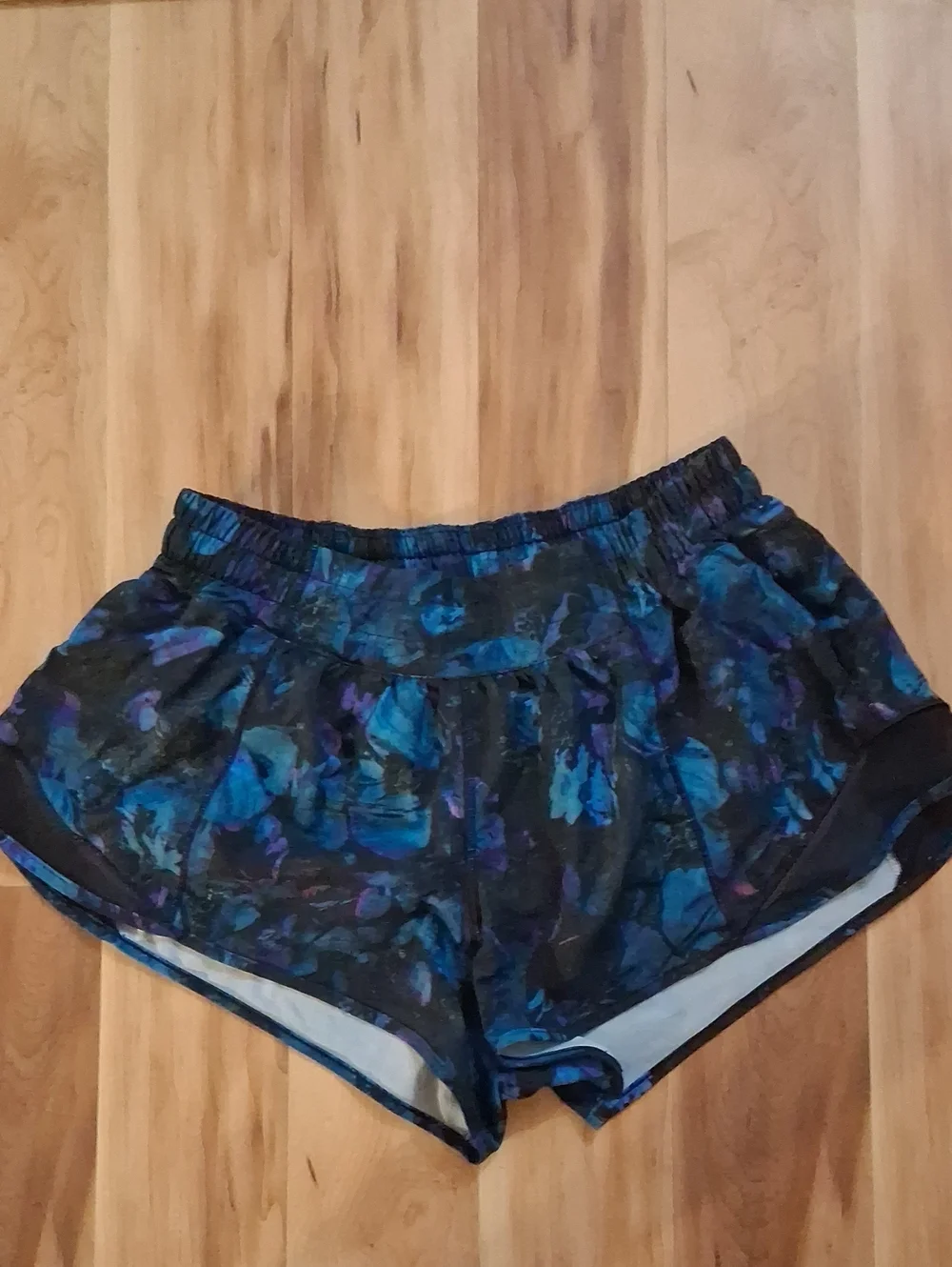 lululemon athletica Women's Black Shorts with Blue and Purple Floral Print